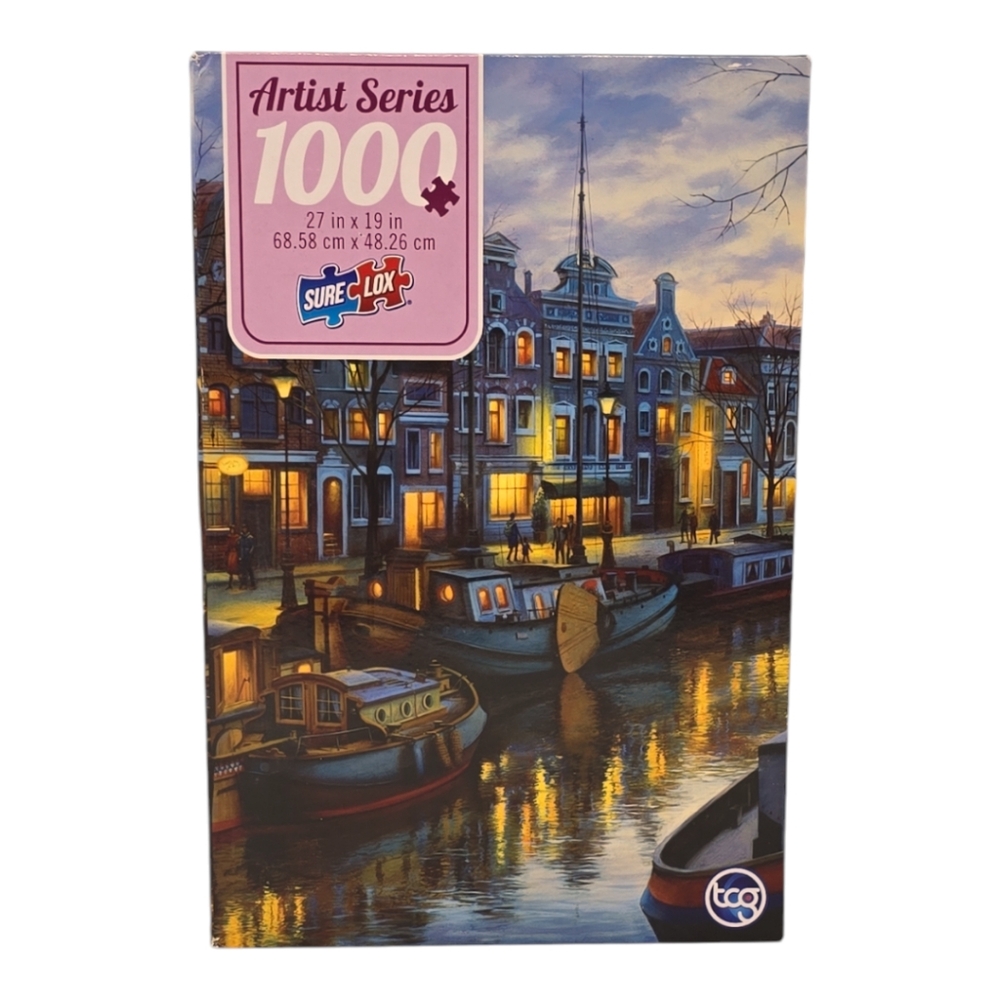 New 1000 pc Jigsaw Puzzle Canal Life Artist Series Sure Lox 27x19 in Water Boats